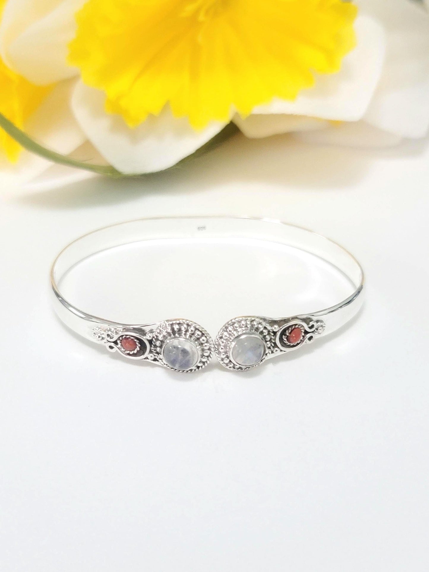 Genuine 925 Sterling Silver Gemstones Coral Side Handmade Adjustable Cuff Bangle