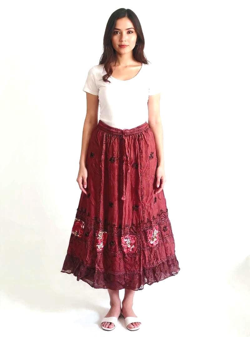 Boho Hippie Embroidery Viscose Skirt, Women, Hancrafted, Embroidered Bohemian