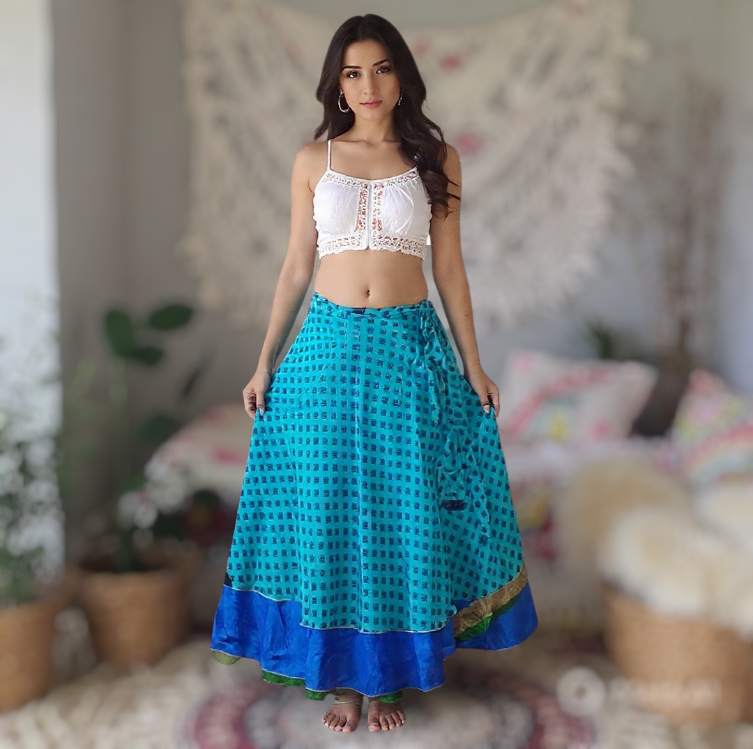 Reversible Silk Sari Wrap Skirt: Upcycled Boho Beach Skirt