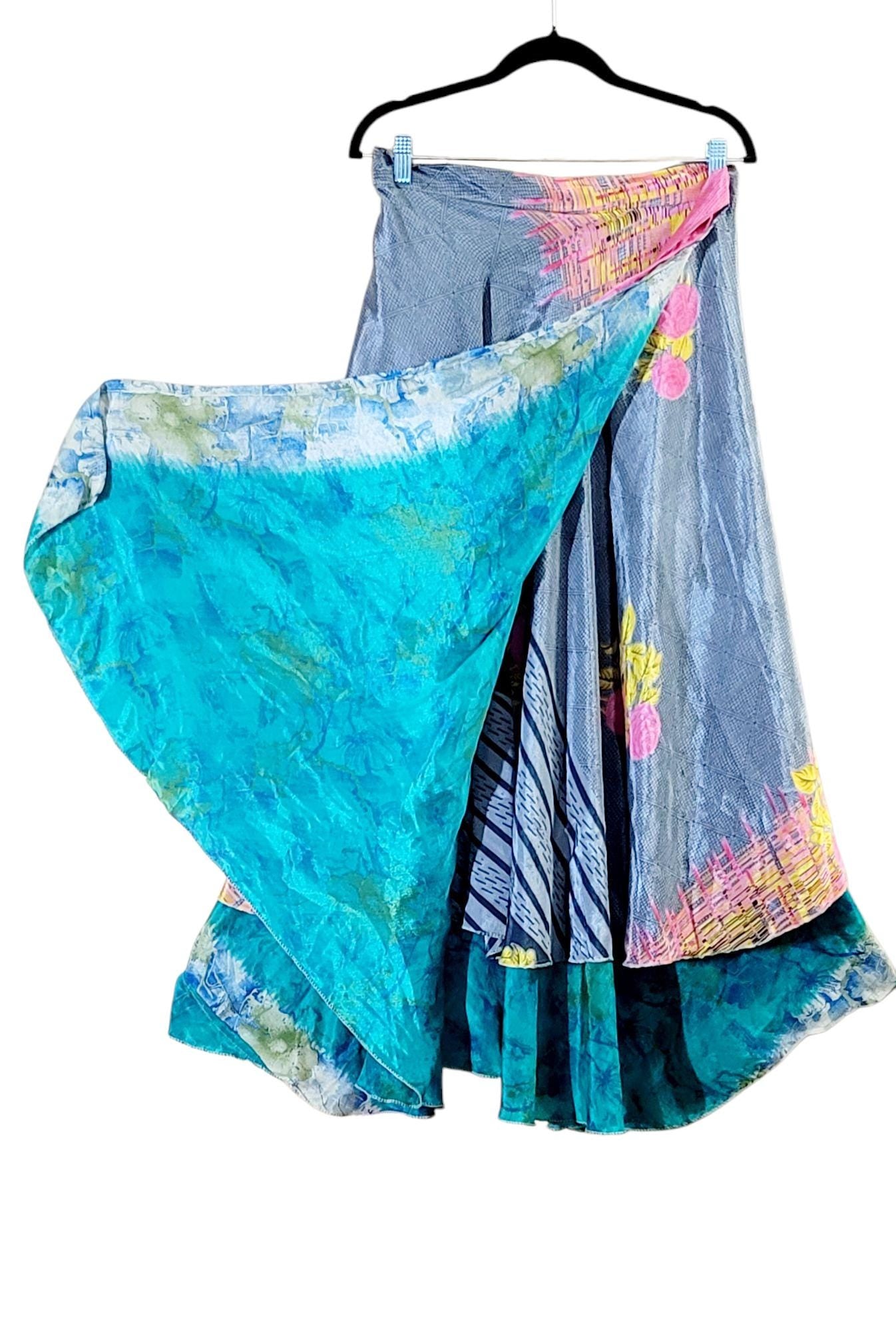 Reversible Silk Sari Wrap Skirt: Upcycled Boho Beach Skirt