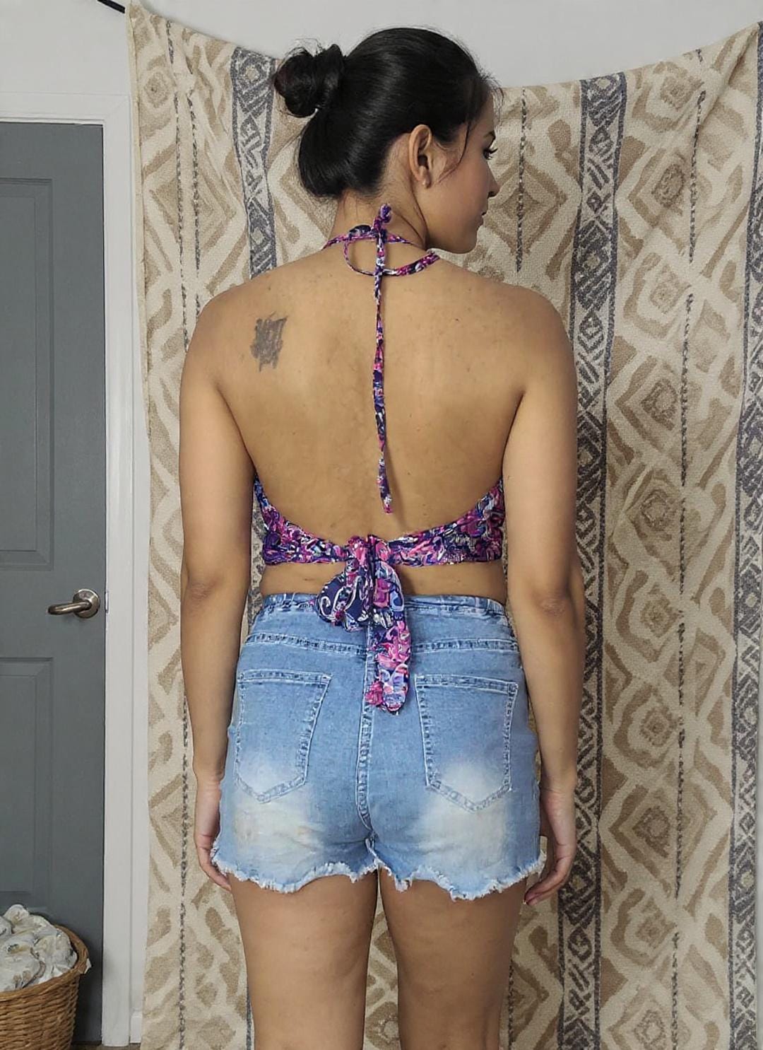 Reversible Silk Blend Boho Halter Top, Crop Top, Bohemian, Parsley Print