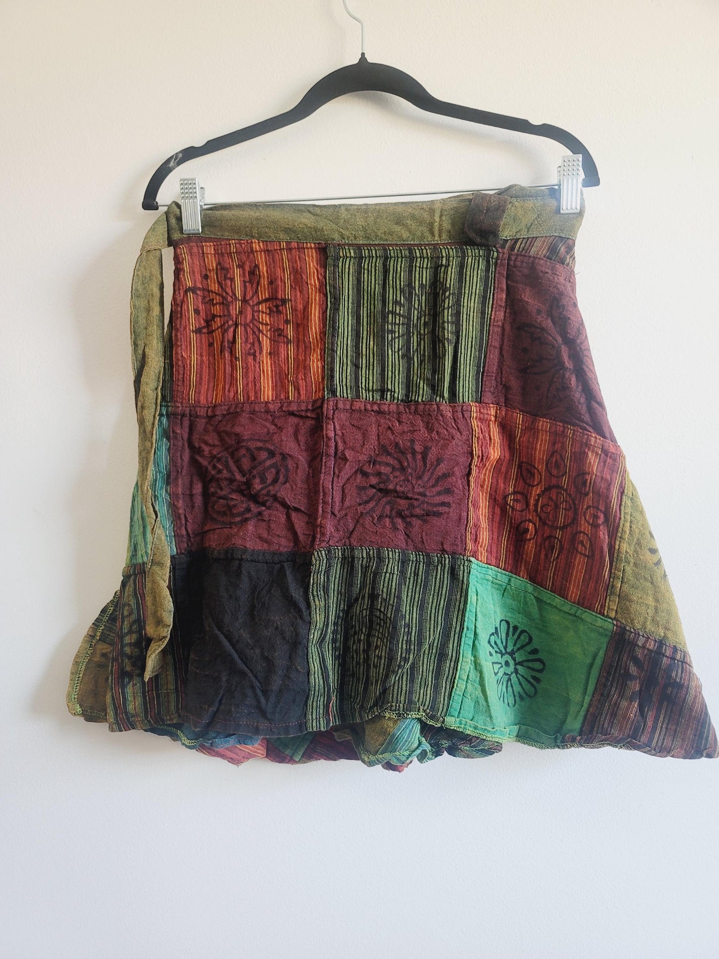 Handcrafted Cotton Patchwork Mini Wrap Skirt: Boho Hippie Style