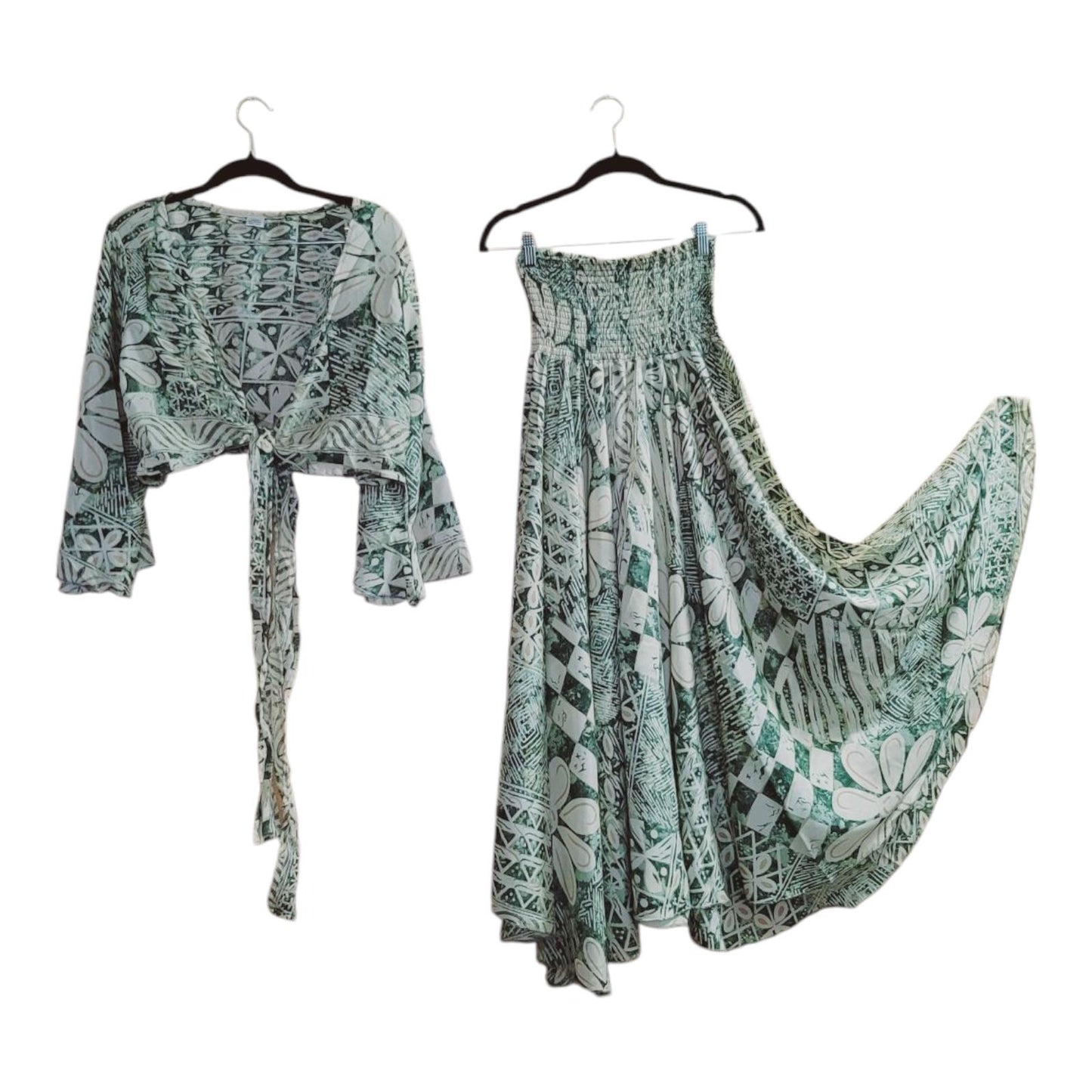 Boho Silk Blend Palazzo Pant Set: Wide Leg Bell Sleeve Top