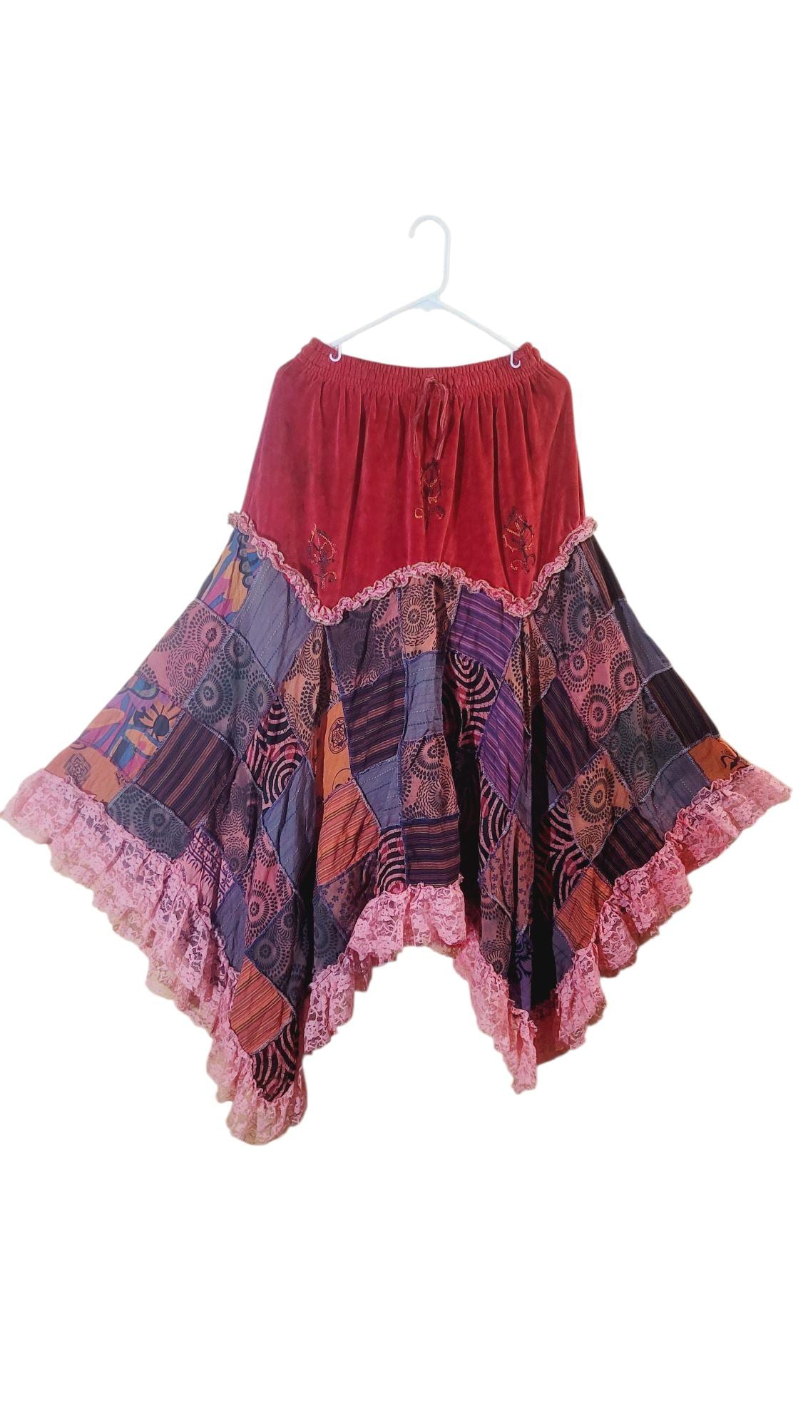 Boho Patchwork Velvet Skirt: Witchy Hippie Style