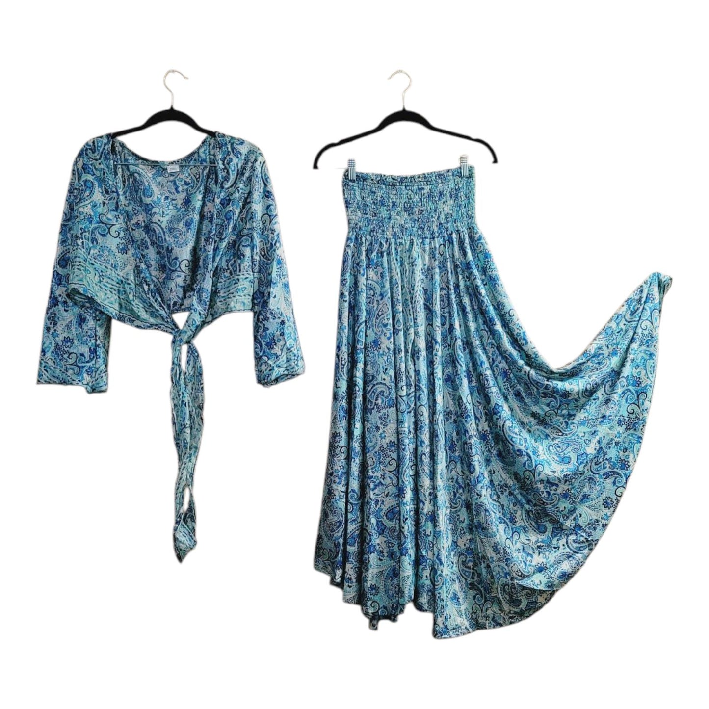Boho Silk Blend Palazzo Pant Set: Wide Leg Bell Sleeve Top