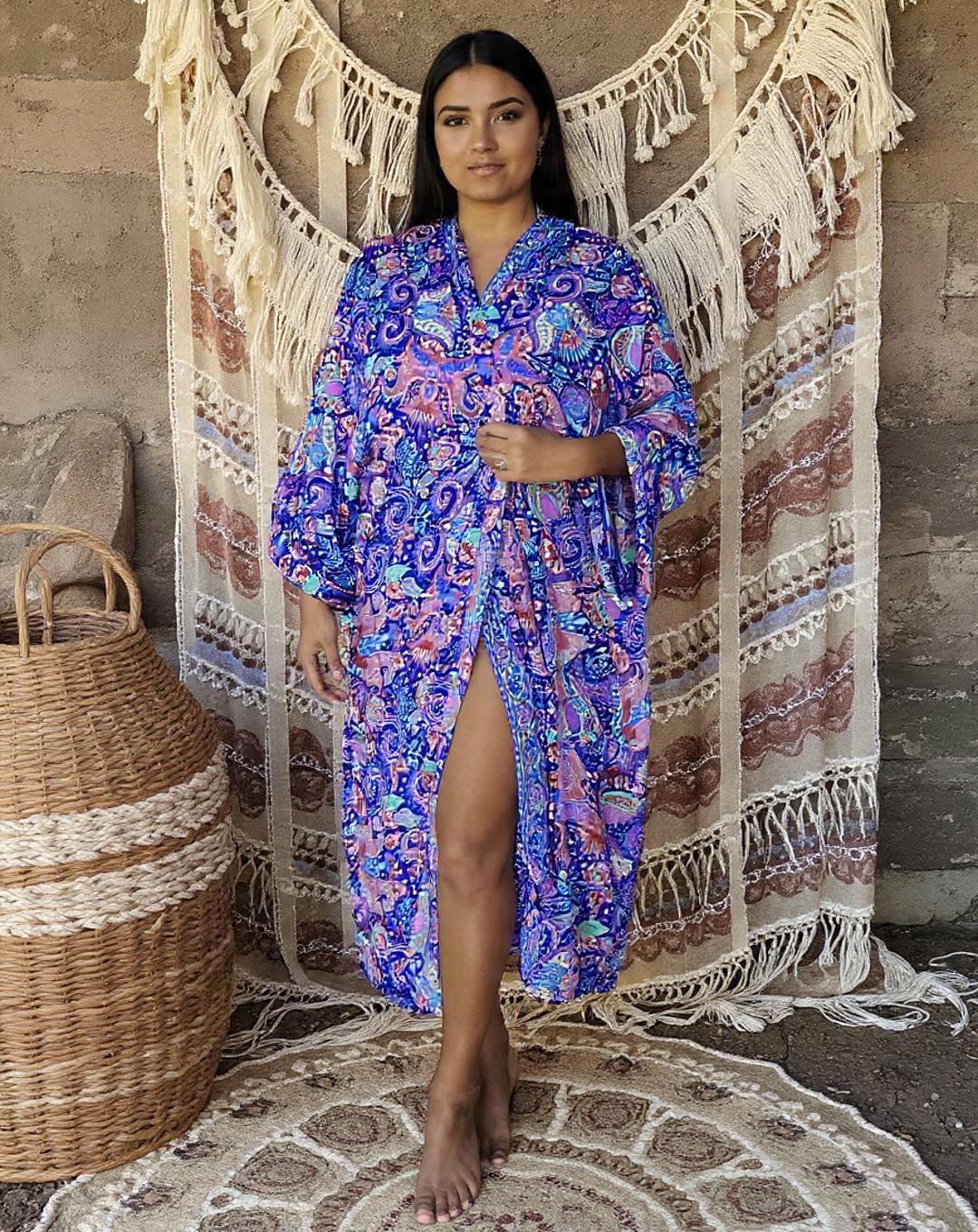 Silk Blend Boho Kimono Robe: Floral Paisley Summer Cover-Up
