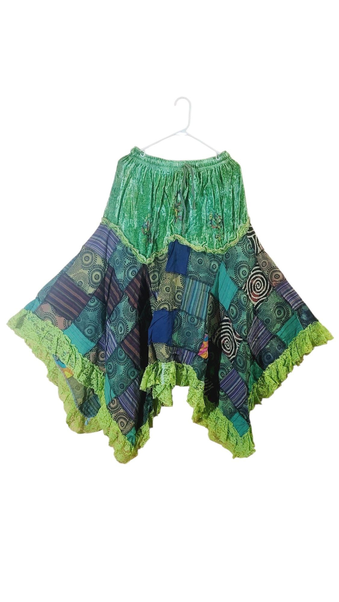 Boho Patchwork Velvet Skirt: Witchy Hippie Style