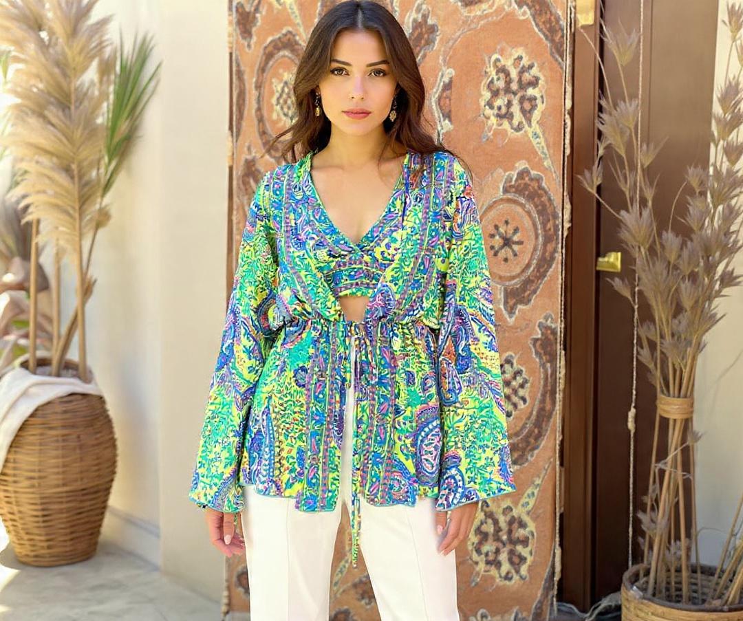 Boho Printed 2pcs Co ord Set, Bohemian, Drawstring Kimono, top sets