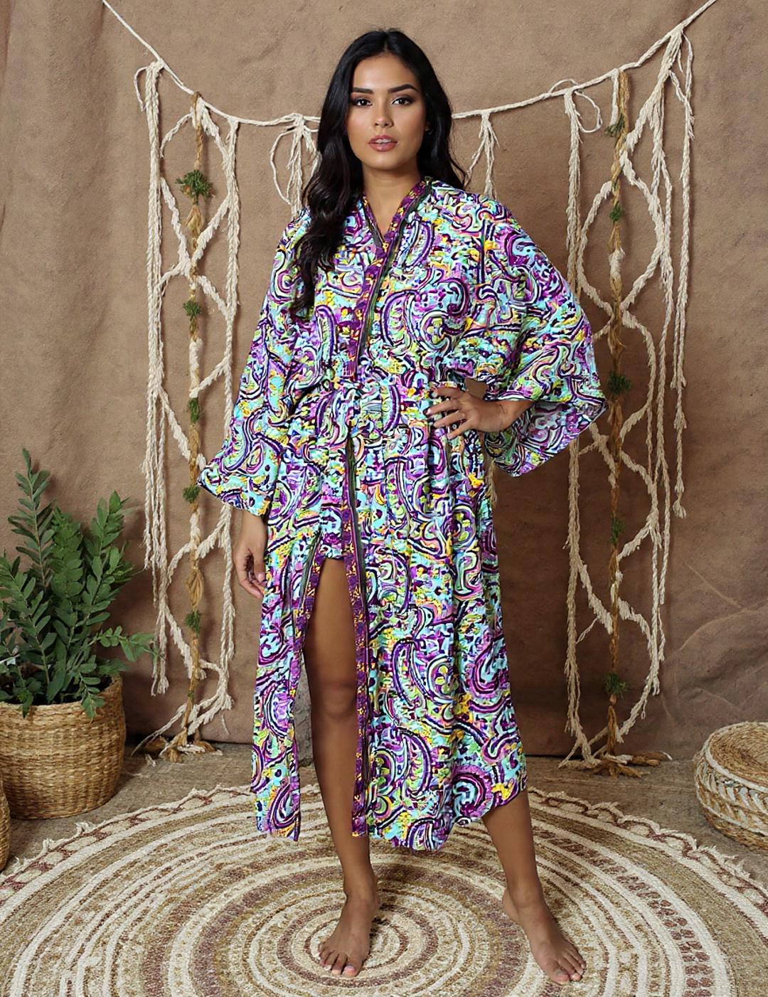 Silk Blend Boho Kimono Robe: Floral Paisley Summer Cover-Up
