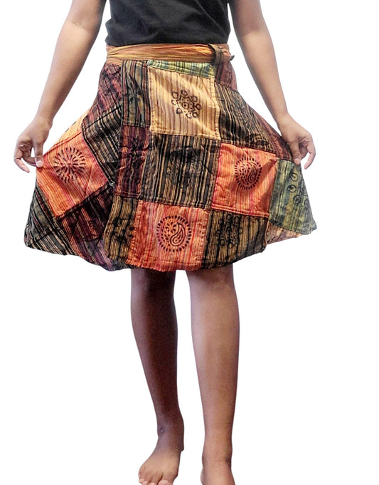Handcrafted Cotton Patchwork Mini Wrap Skirt: Boho Hippie Style