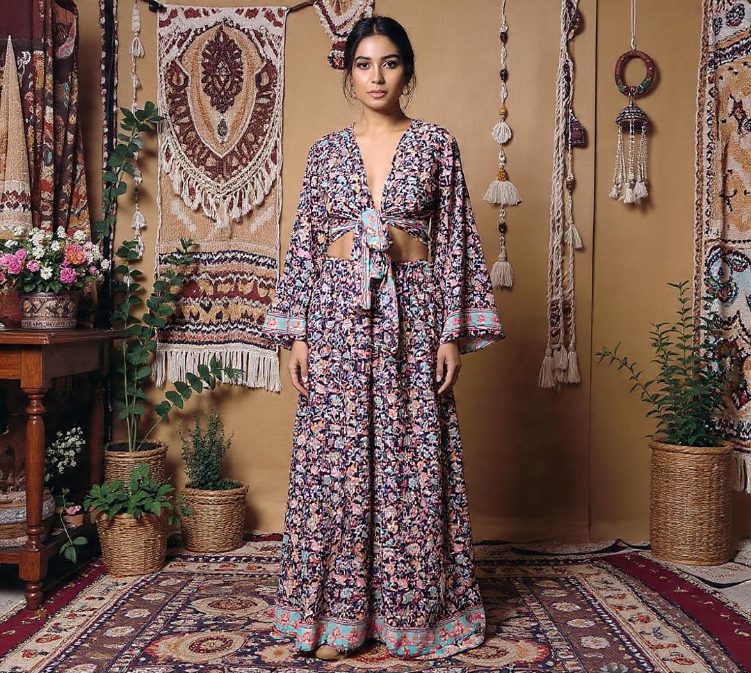 Silk Blend Palazzo Pant Set: Boho Floral Wrap Top