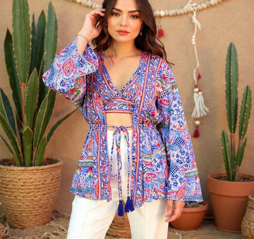 Boho Printed 2pcs Co ord Set, Bohemian, Drawstring Kimono, top sets