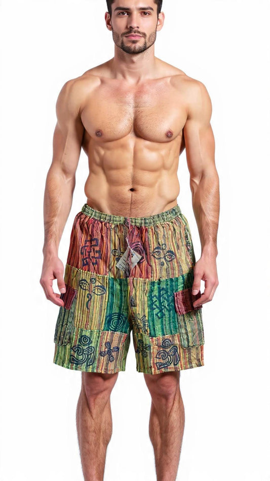 Patchwork Cotton Men's Boho Hippie Shorts: Free Size
