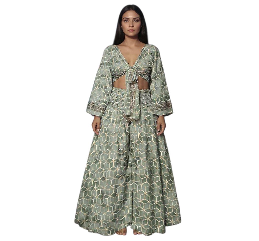 Boho Silk Blend Palazzo Pant Set: Wide Leg Bell Sleeve Top