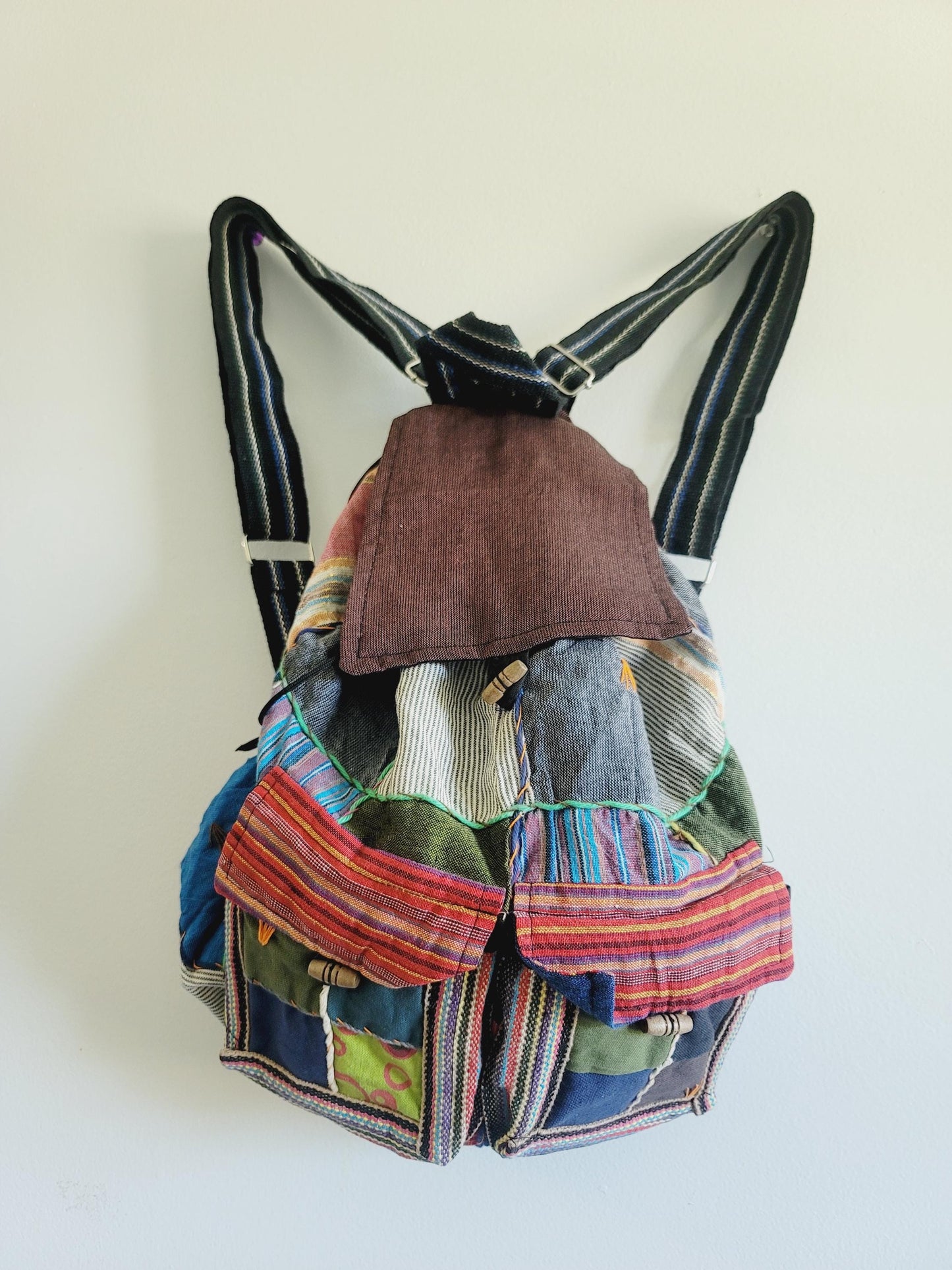 Handcrafted Cotton Boho Backpack: Nepal Razor Cut Patchwork Bag