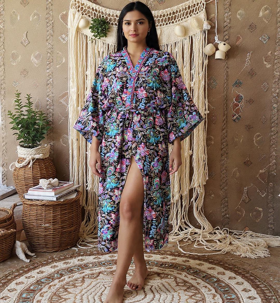 Silk Blend Boho Kimono Robe: Floral Paisley Summer Cover-Up