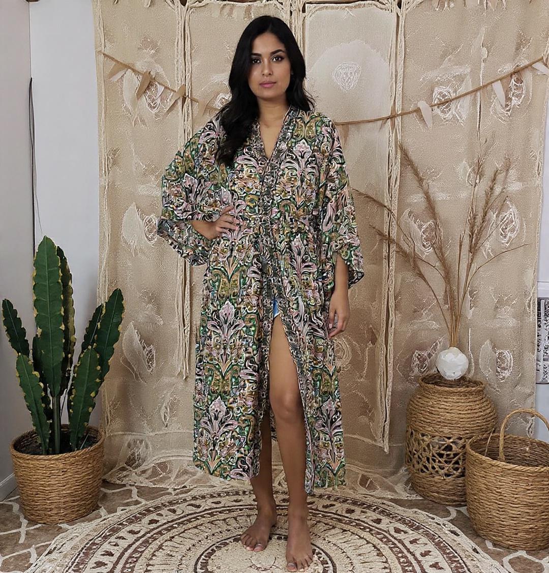 Silk Blend Boho Kimono Robe: Floral Paisley Summer Cover-Up