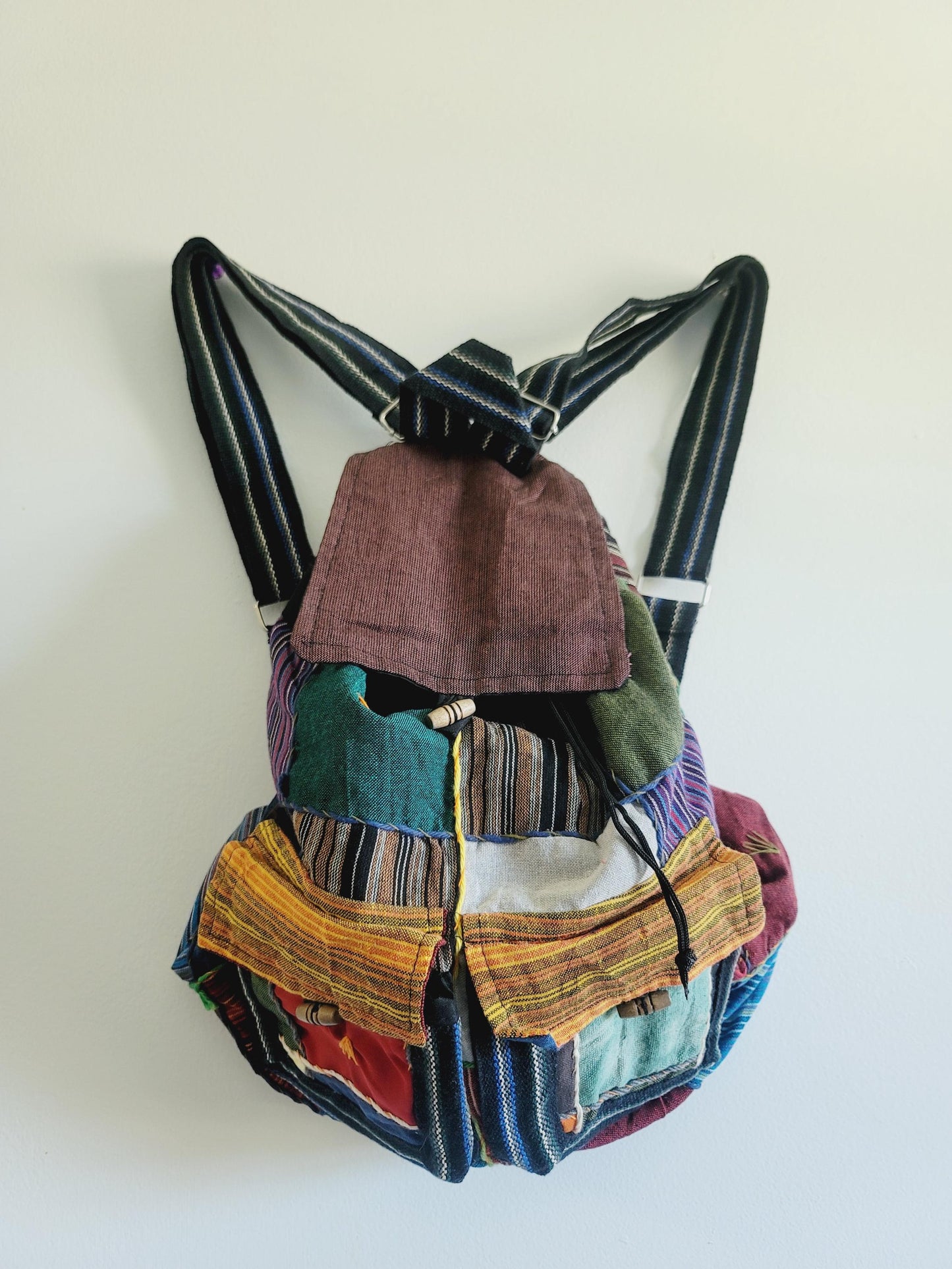 Handcrafted Cotton Boho Backpack: Nepal Razor Cut Patchwork Bag