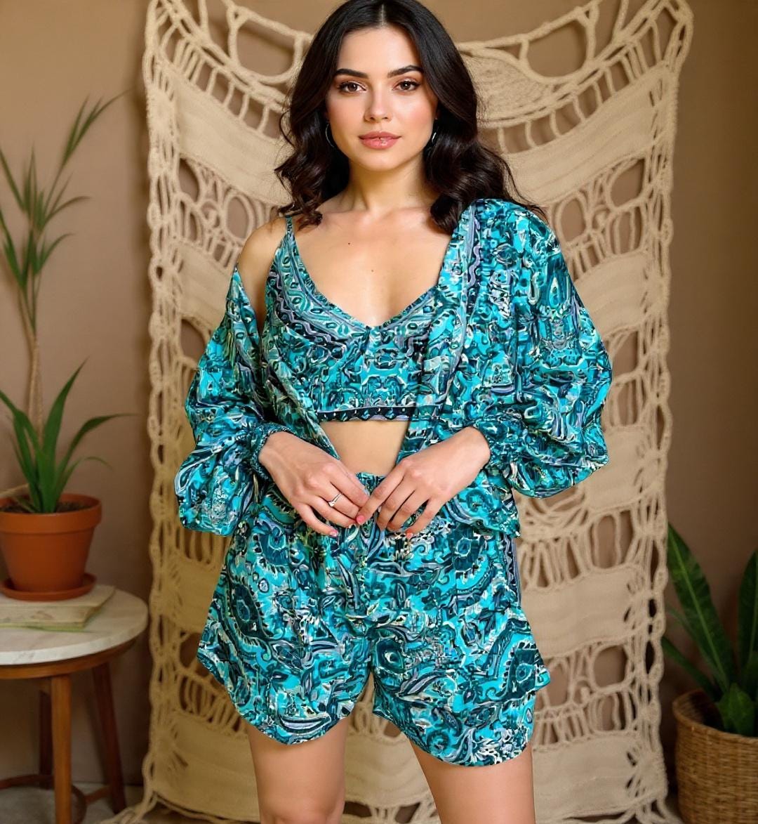 Boho Printed 3pcs Co ord Set, Bohemian, Kimono, Puffed Sleeve, Shorts Women sets