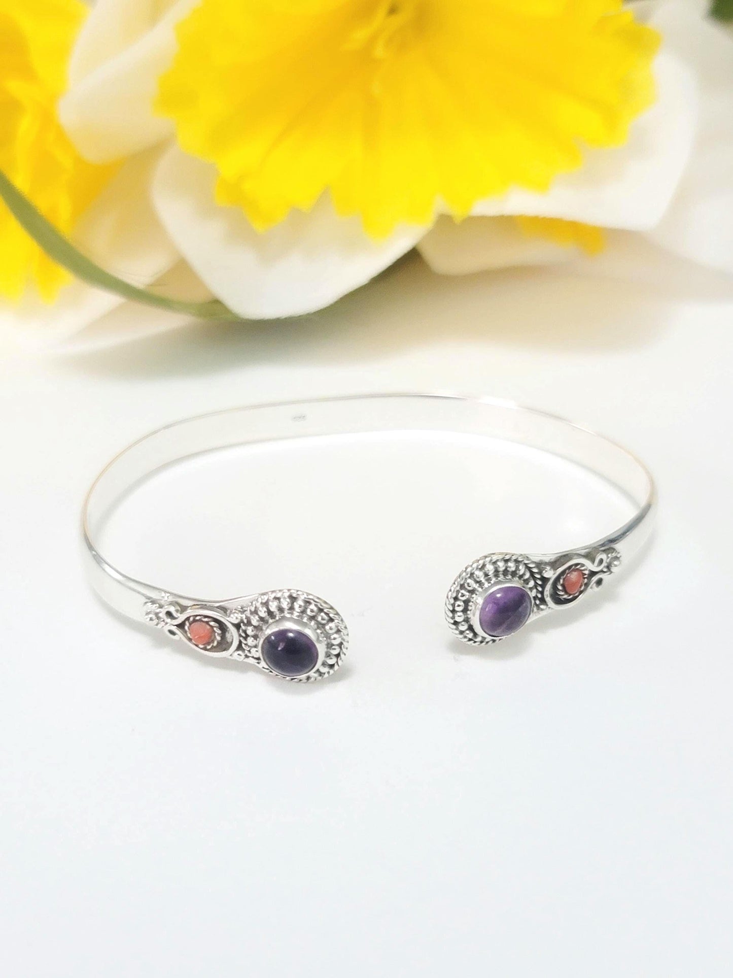 Genuine 925 Sterling Silver Gemstones Coral Side Handmade Adjustable Cuff Bangle