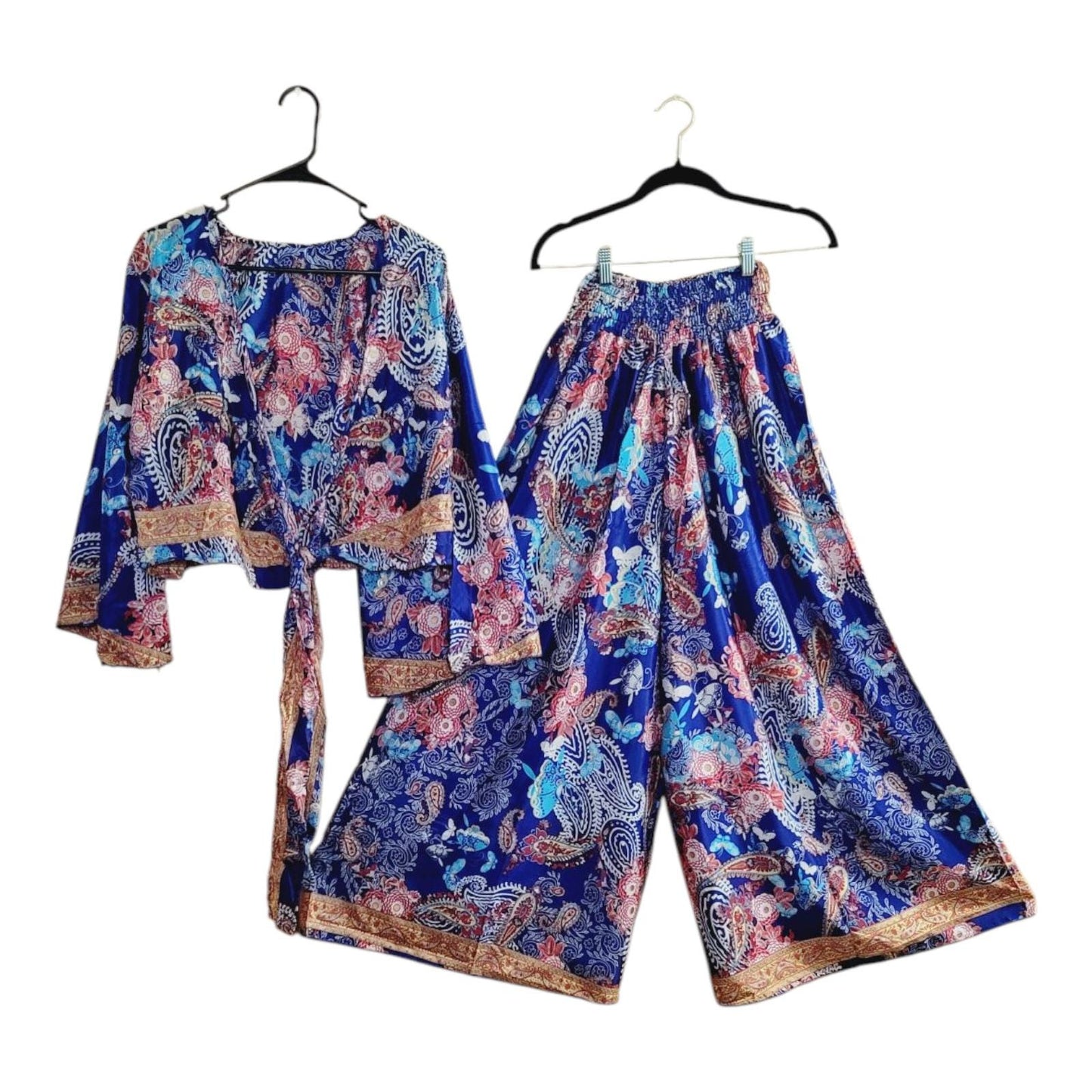 Silk Blend Palazzo Pant Set: Boho Floral Wrap Top