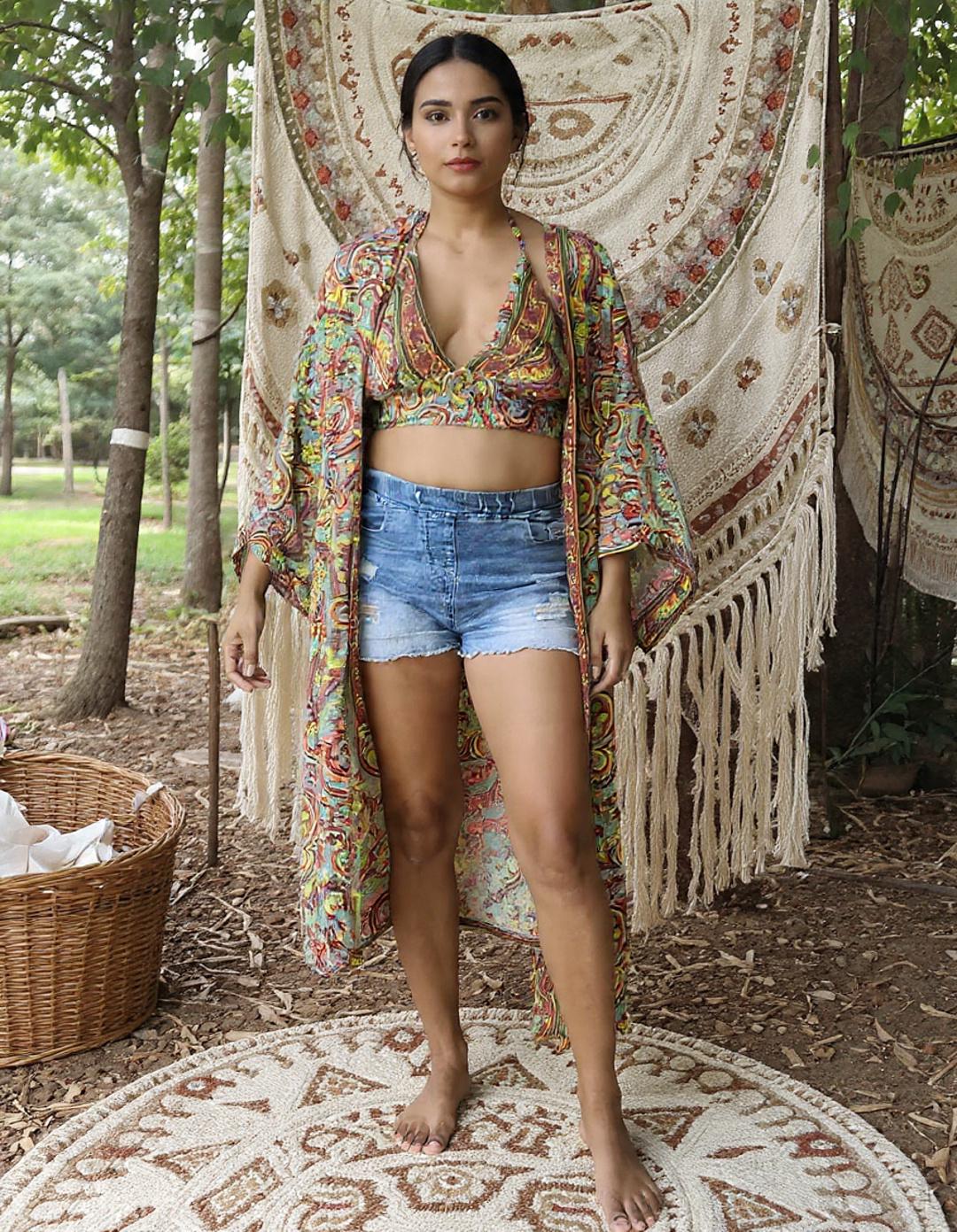 Silk Blend 2 Pieces Set Boho Halter Top and Kimono Robe: Floral Summer Cover-Up