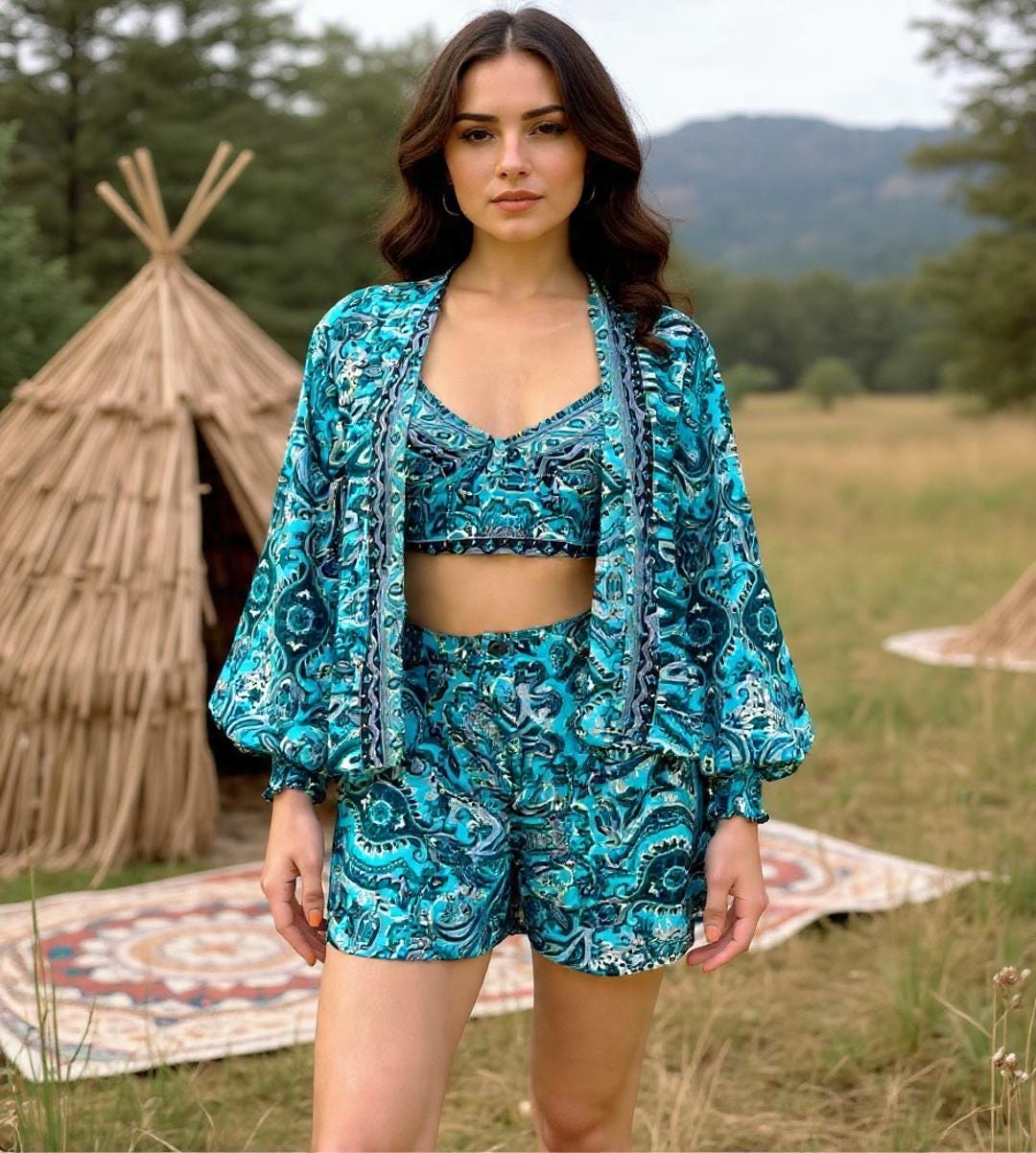 Boho Printed 3pcs Co ord Set, Bohemian, Kimono, Puffed Sleeve, Shorts Women sets