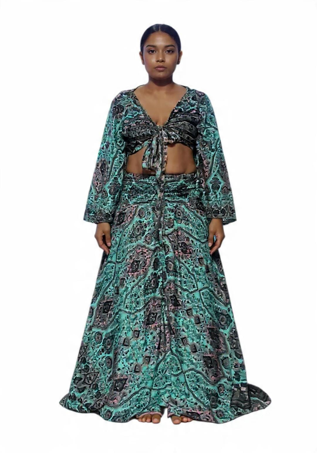 Boho Silk Blend Palazzo Pant Set: Wide Leg Bell Sleeve Top