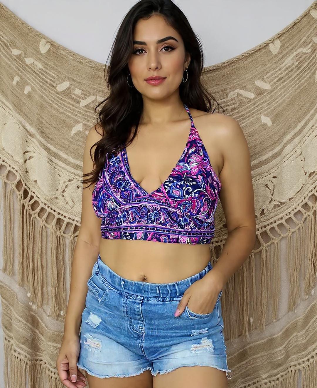 Reversible Silk Blend Boho Halter Top, Crop Top, Bohemian, Parsley Print