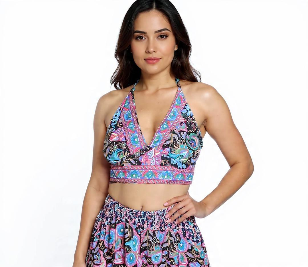 Silk Blend 2 Pieces Set Boho Halter Top and Kimono Robe: Floral Summer Cover-Up