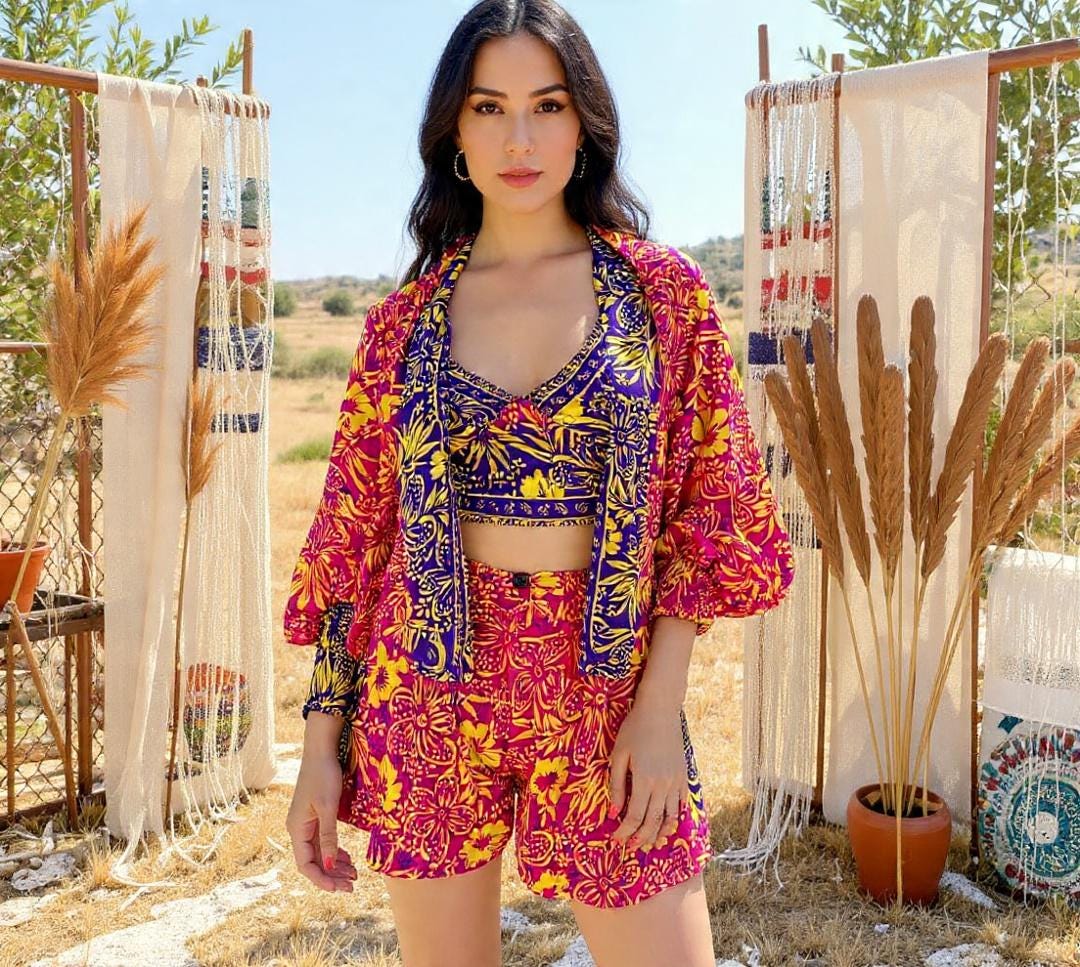 Boho Printed 3pcs Co ord Set, Bohemian, Kimono, Puffed Sleeve, Shorts Women sets