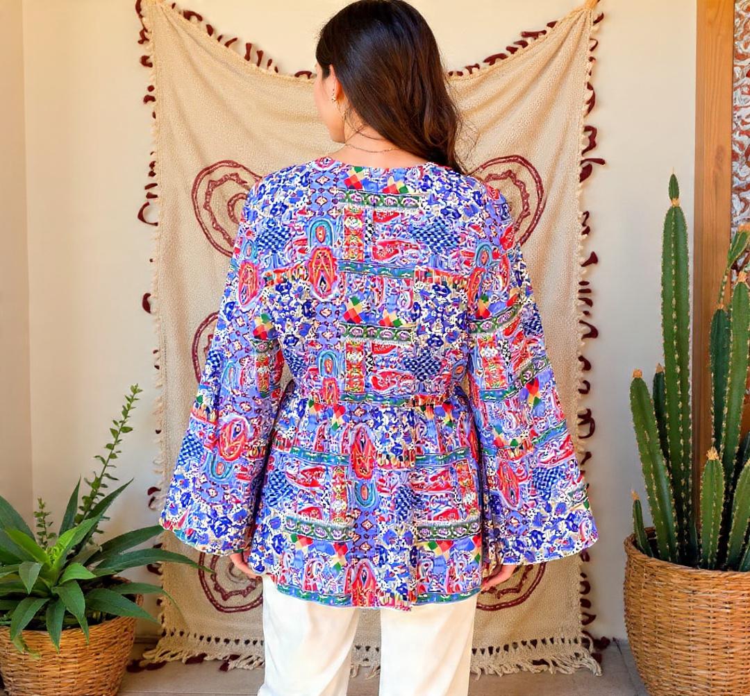 Boho Printed 2pcs Co ord Set, Bohemian, Drawstring Kimono, top sets