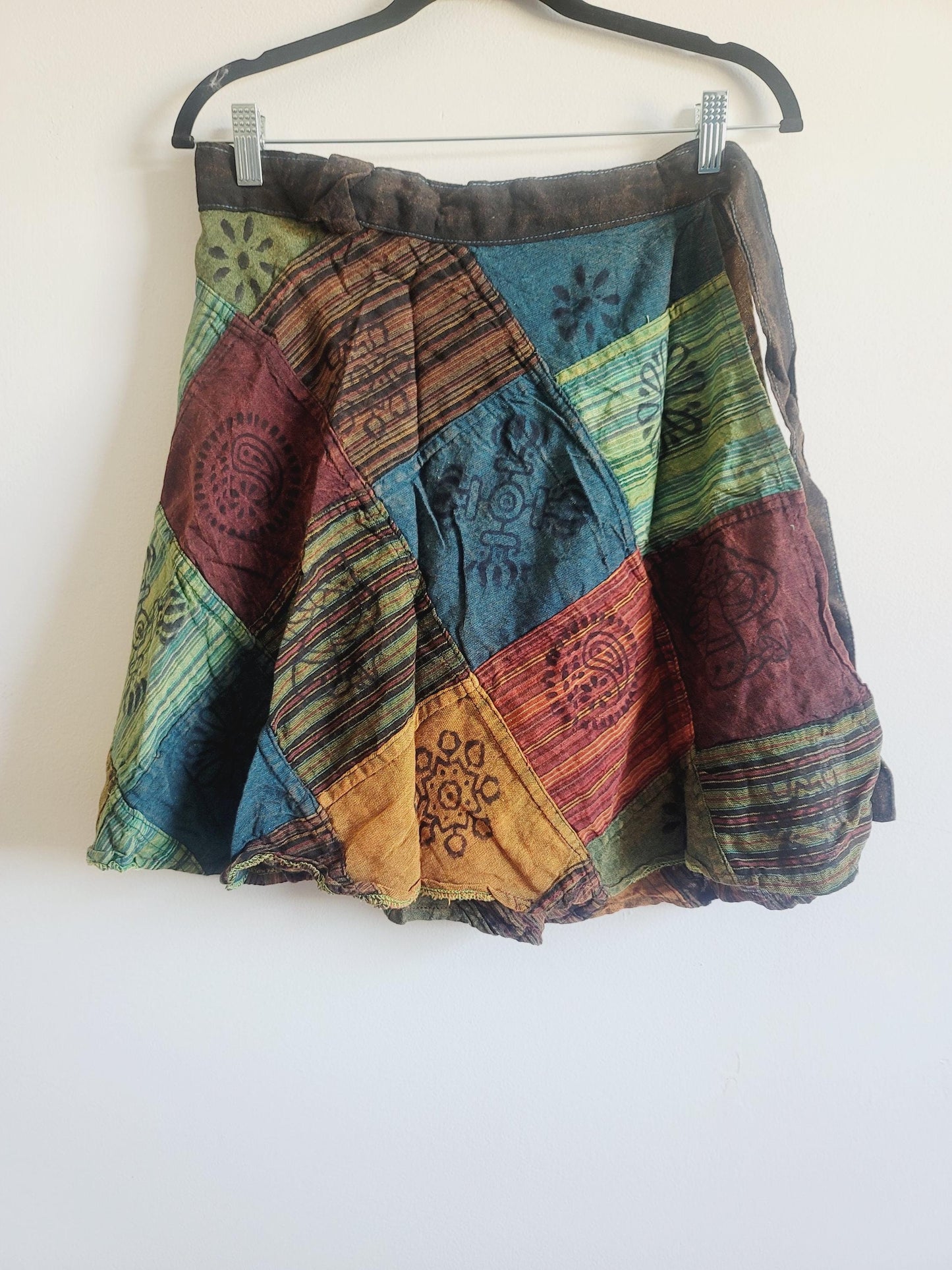 Handcrafted Cotton Patchwork Mini Wrap Skirt: Boho Hippie Style