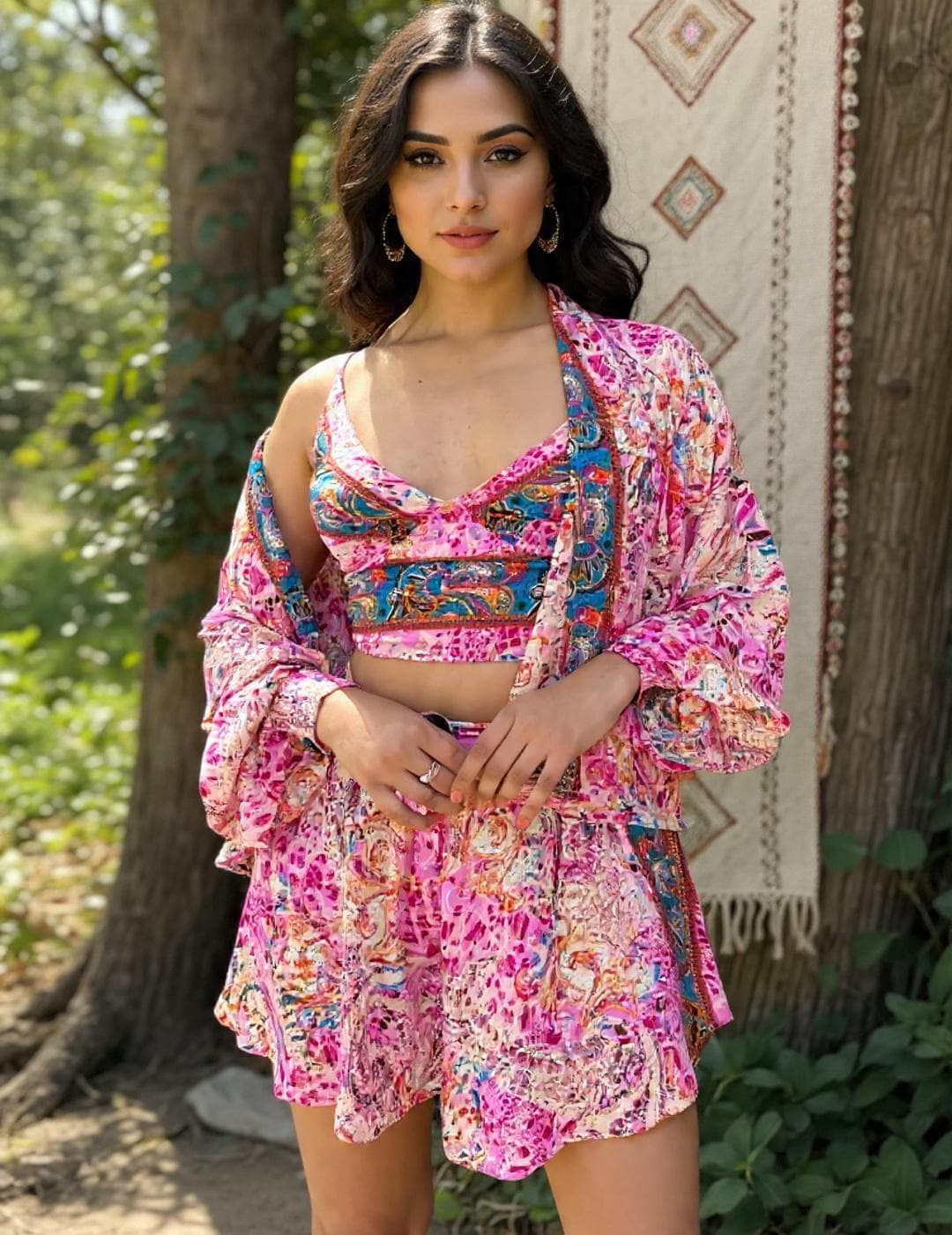 Boho Printed 3pcs Co ord Set, Bohemian, Kimono, Puffed Sleeve, Shorts Women sets