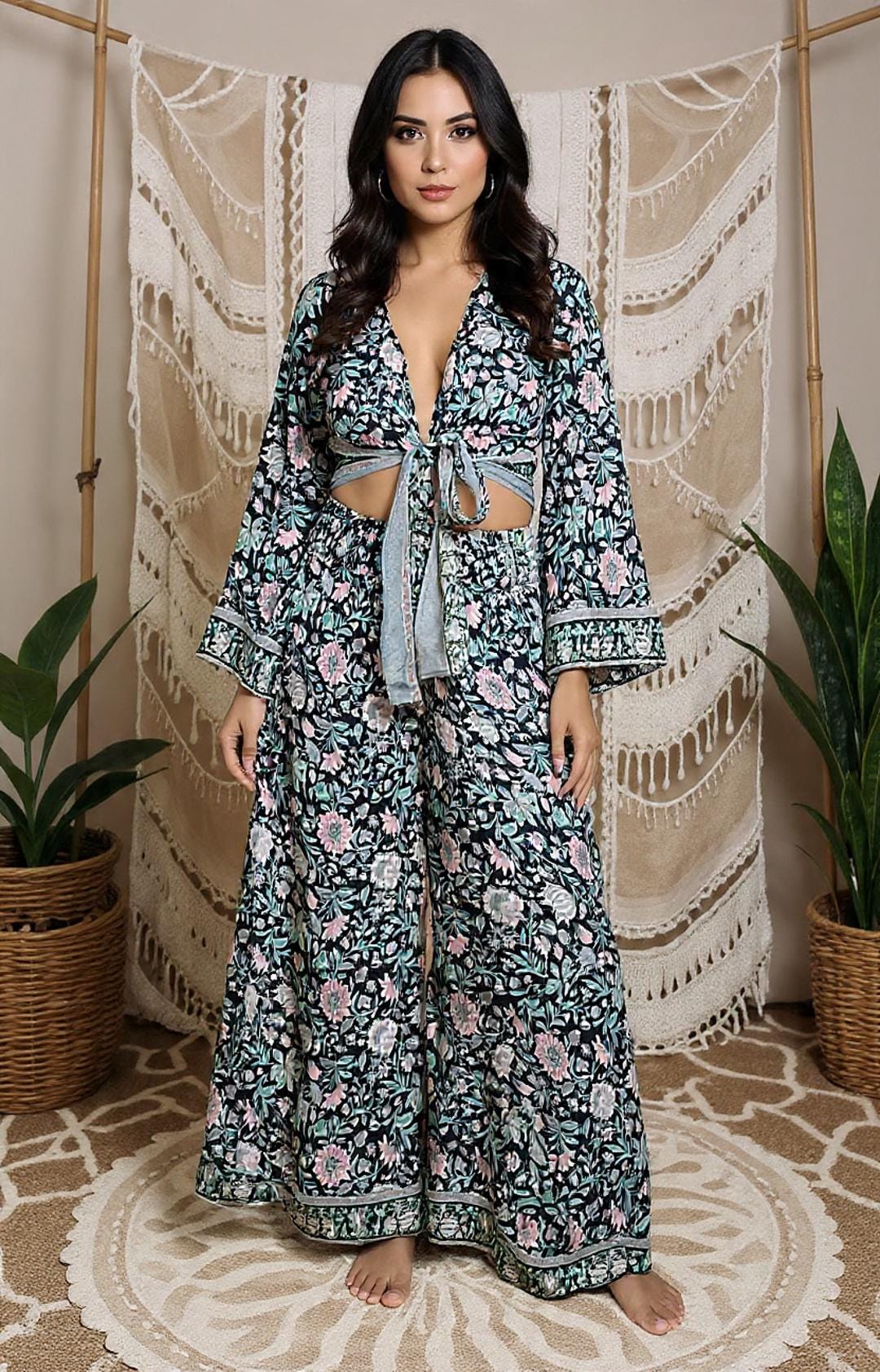 Silk Blend Palazzo Pant Set: Boho Floral Wrap Top
