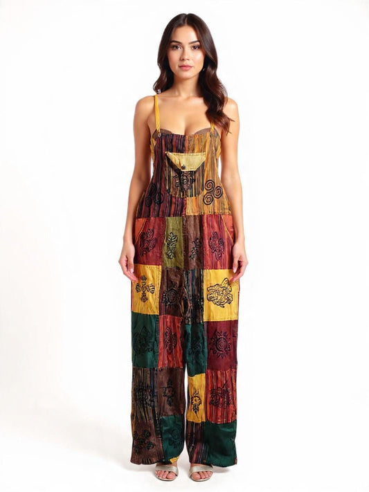 Handcrafted Cotton Patchwork Overalls: Boho Hippie Jumpsuit