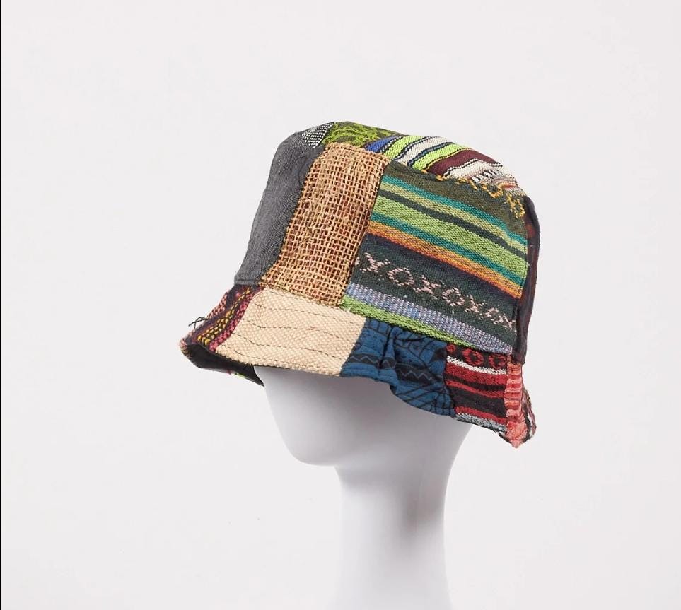 Handmade Hemp Patchwork Bucket Hat: Eco-Friendly Hippie Style