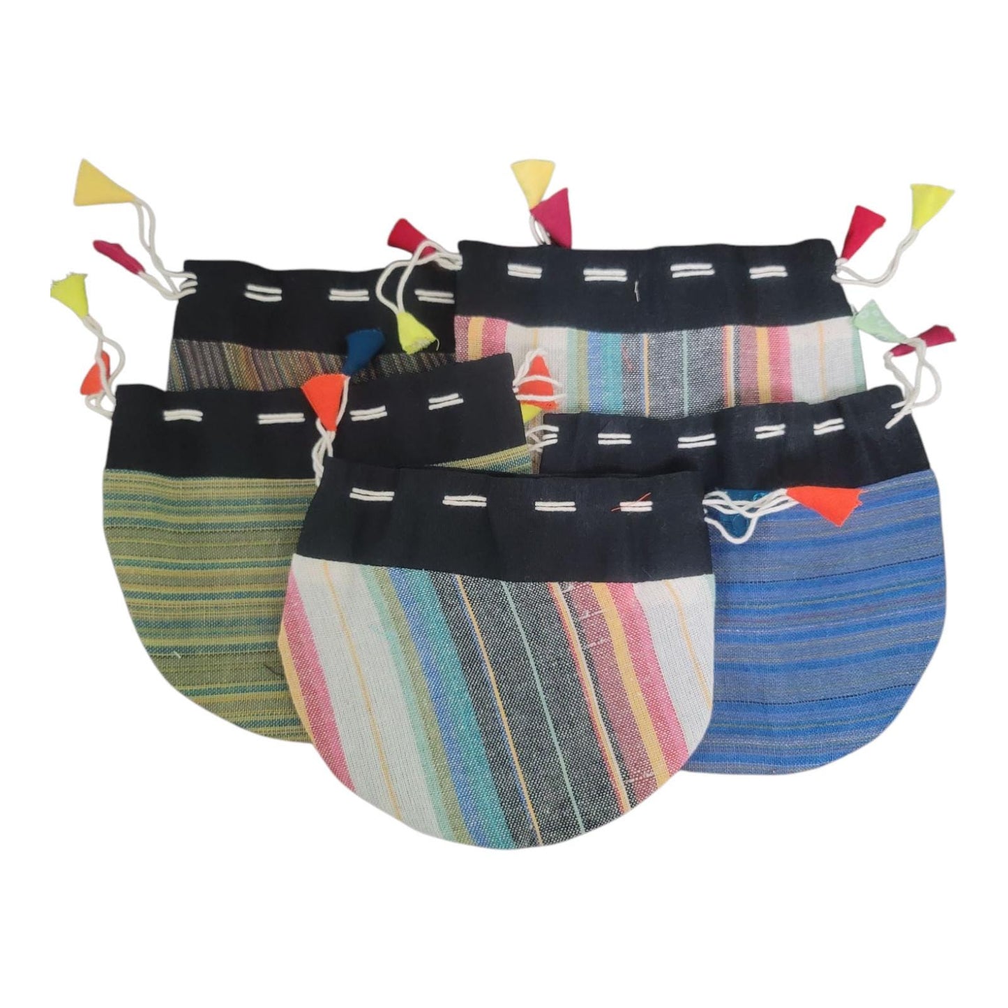 Handcrafted Nepal Fabric Drawstring Pouch Bags - Set of 5