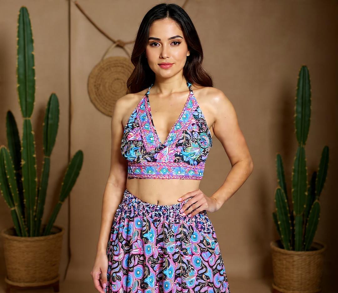 Reversible Silk Blend Boho Halter Top, Crop Top, Bohemian, Parsley Print