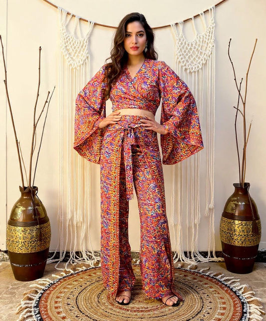 Boho Silk Blend Top Pant Set: Vintage Bell Sleeve Top