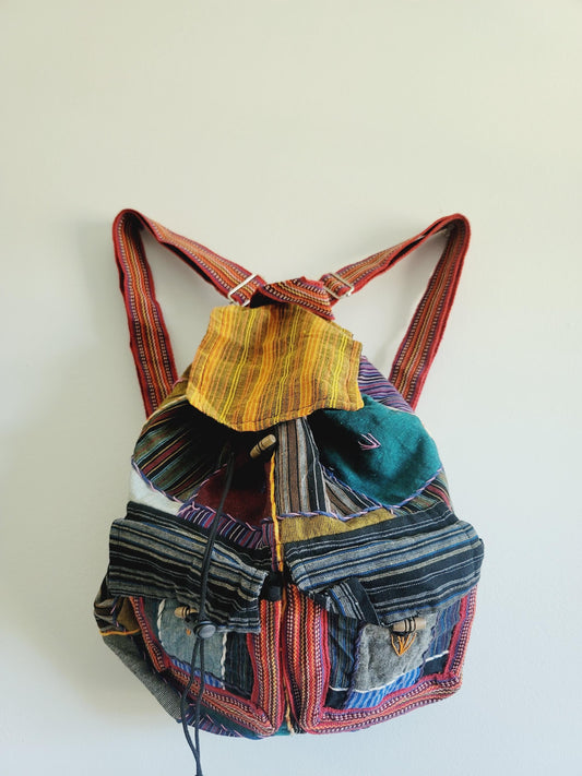 Handcrafted Cotton Boho Backpack: Nepal Razor Cut Patchwork Bag