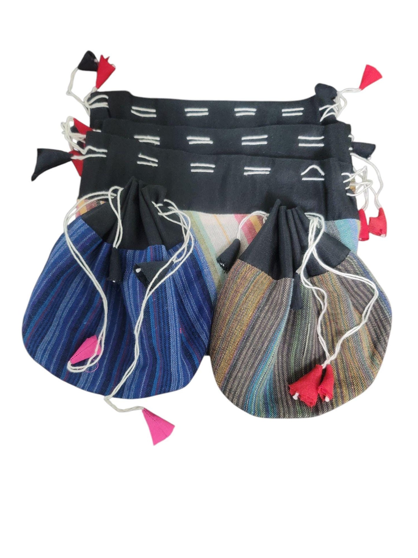 Handcrafted Nepal Fabric Drawstring Pouch Bags - Set of 5
