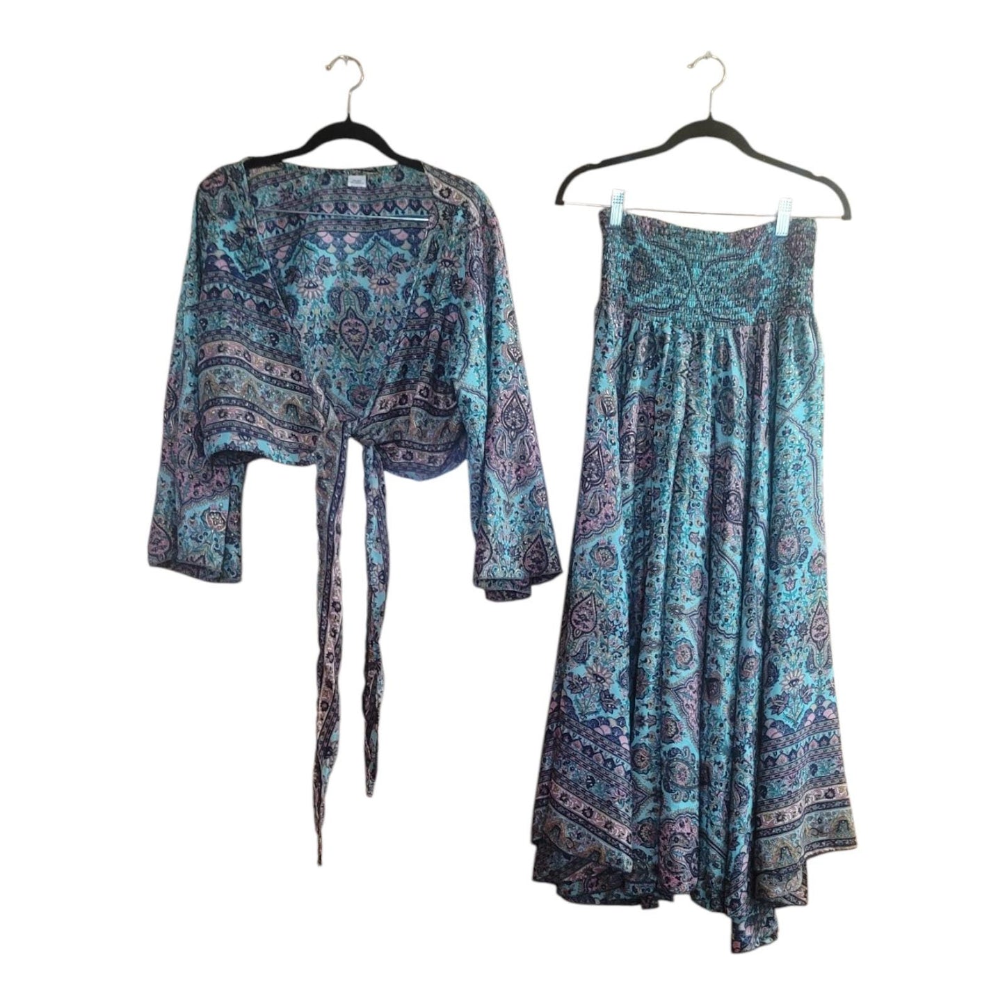 Boho Silk Blend Palazzo Pant Set: Wide Leg Bell Sleeve Top