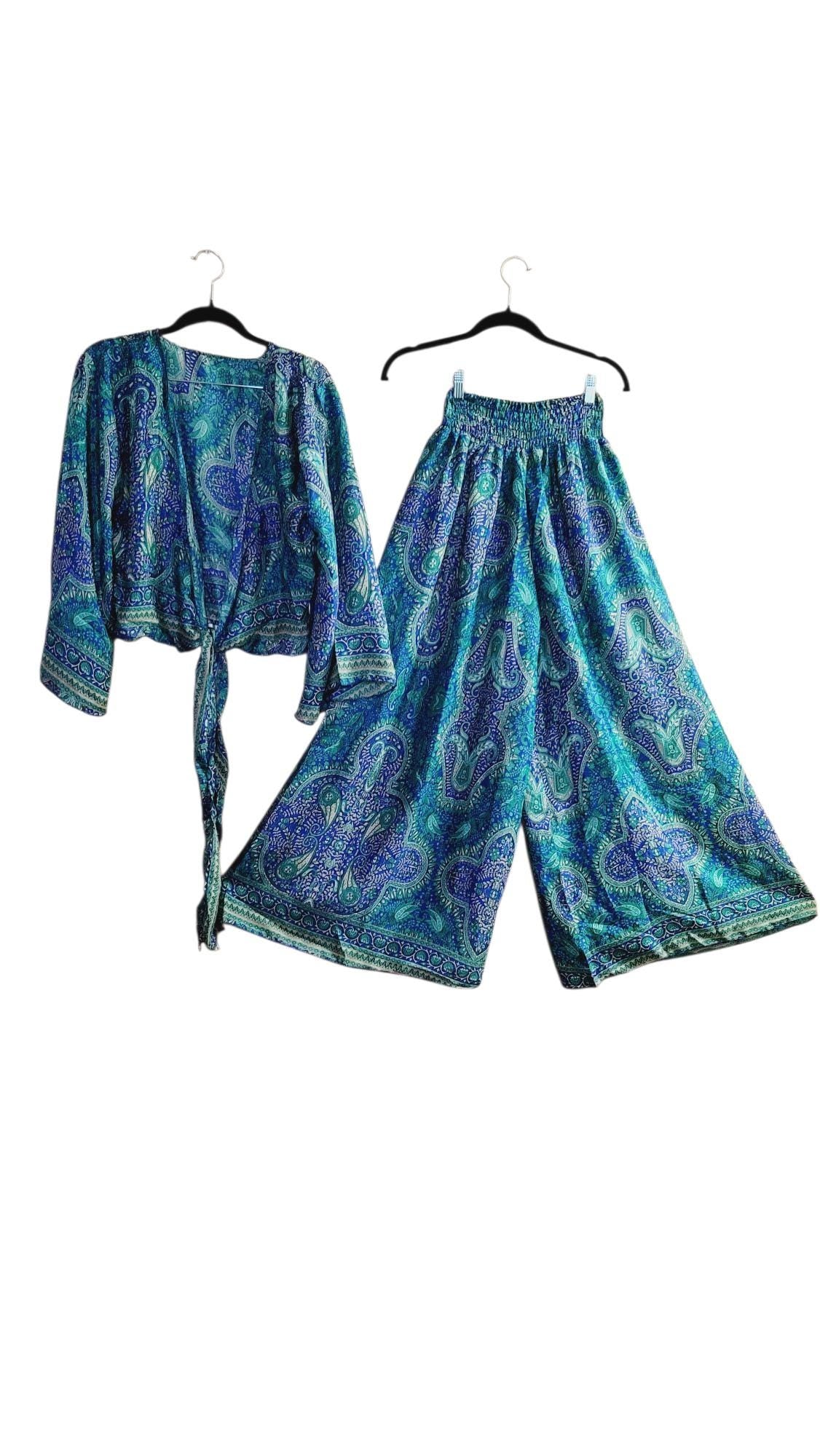 Silk Blend Palazzo Pant Set: Boho Floral Wrap Top