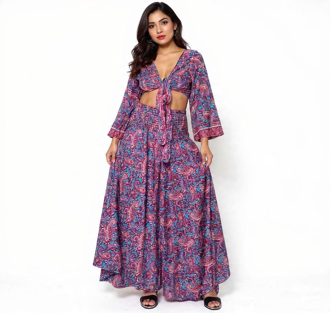Boho Silk Blend Palazzo Pant Set: Wide Leg Bell Sleeve Top
