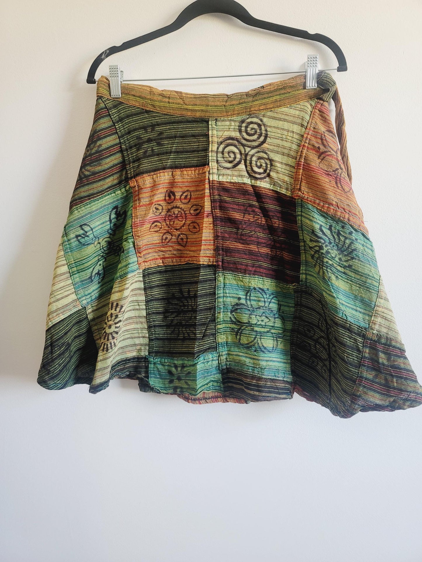 Handcrafted Cotton Patchwork Mini Wrap Skirt: Boho Hippie Style