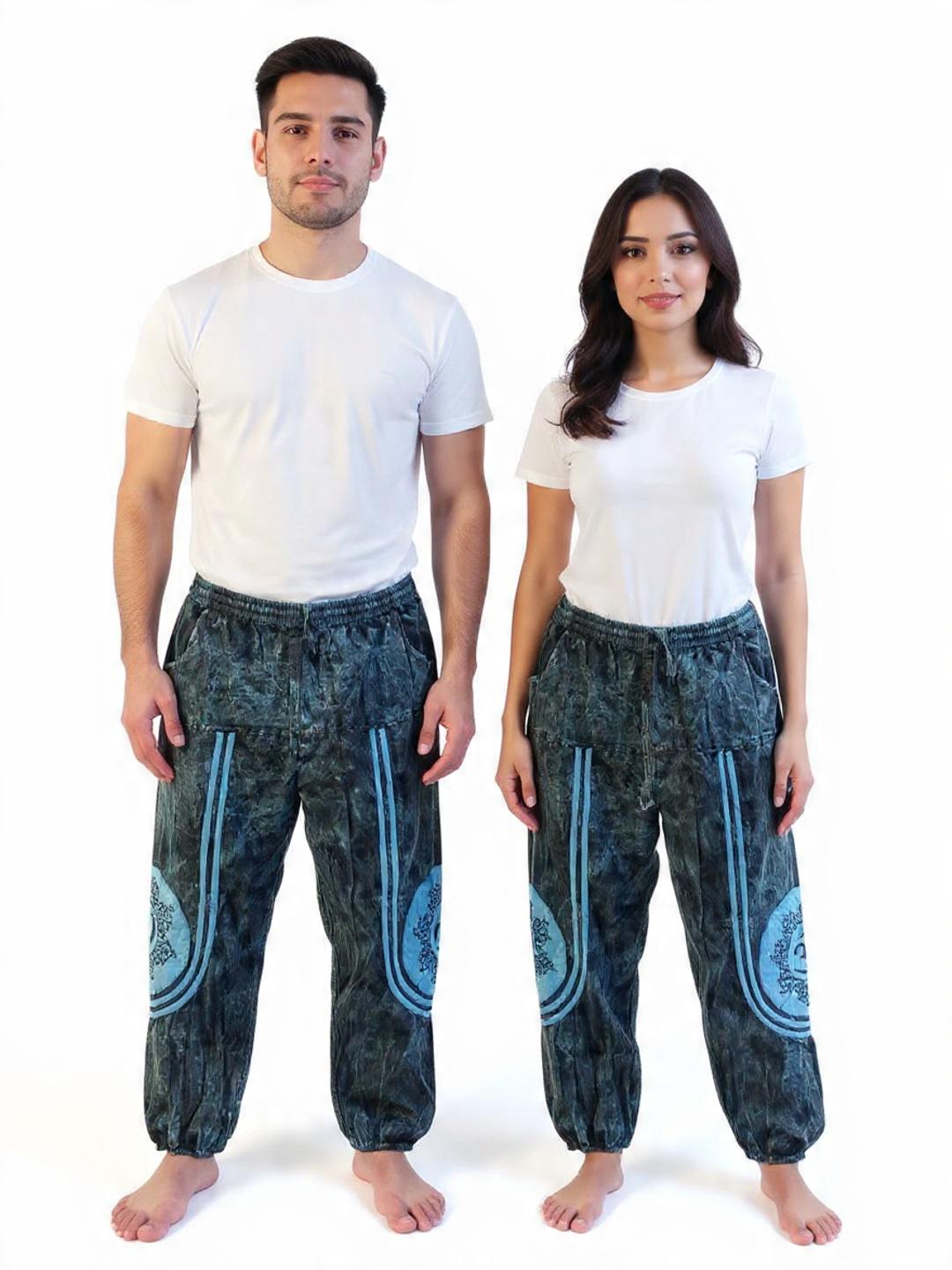 Embroidered OM Patchwork Boho Cotton Pant, Stone Washed, One Size, Hippie Pant, Men Women