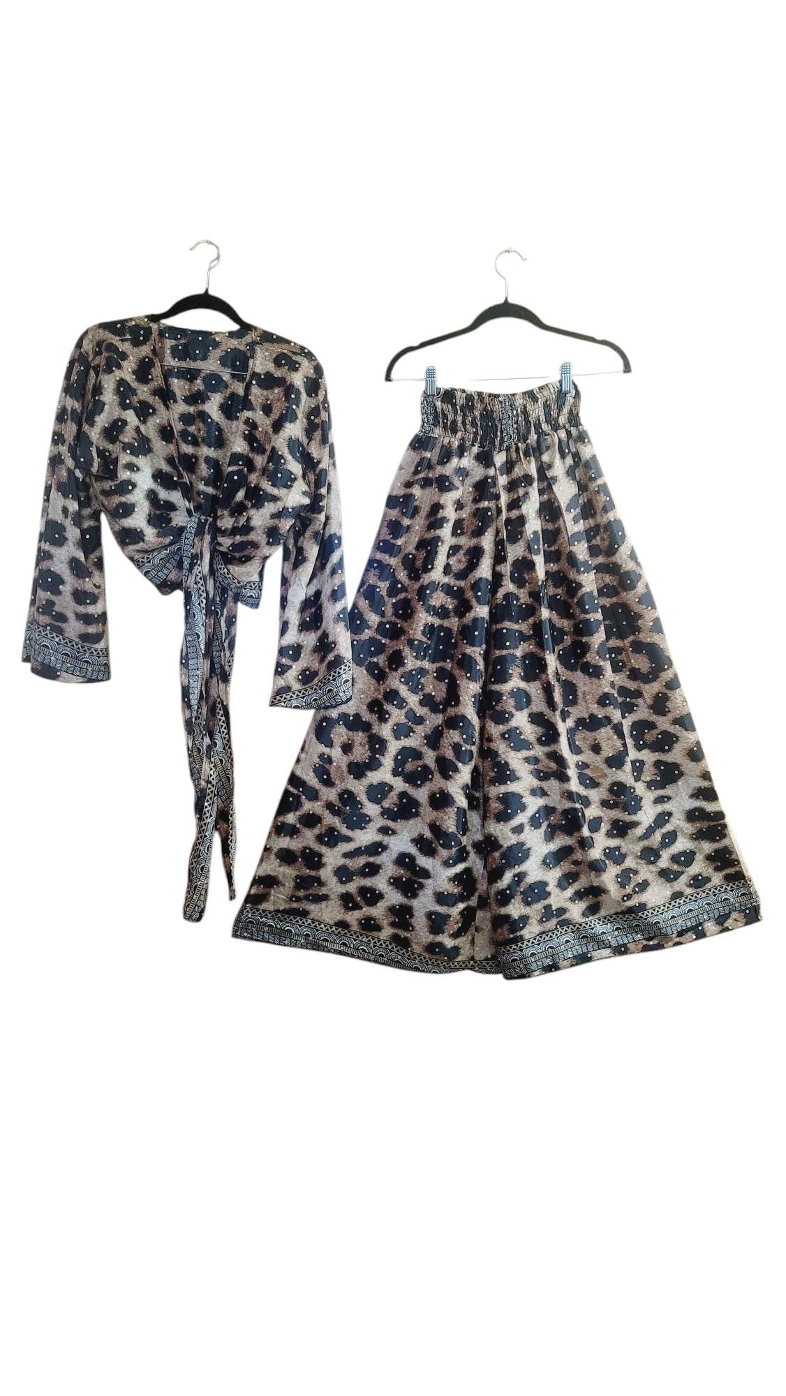 Silk Blend Palazzo Pant Set: Boho Floral Wrap Top