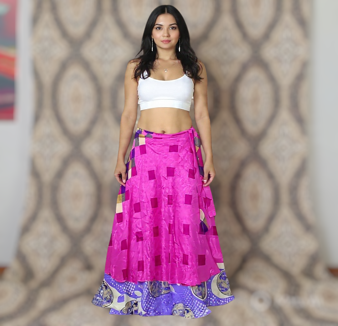 Reversible Silk Sari Wrap Skirt: Upcycled Boho Beach Skirt