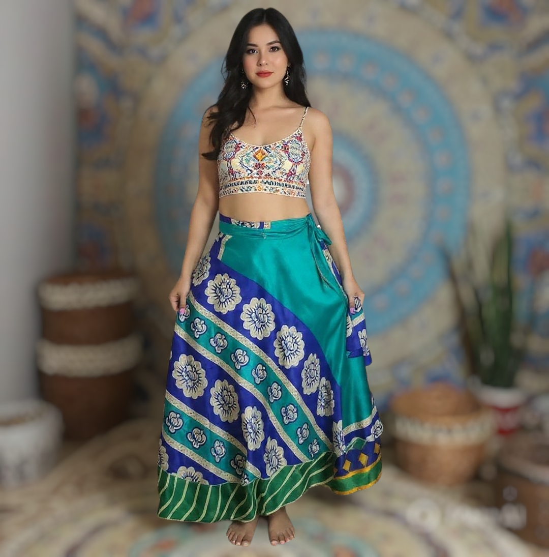 Reversible Silk Sari Wrap Skirt: Upcycled Boho Beach Skirt